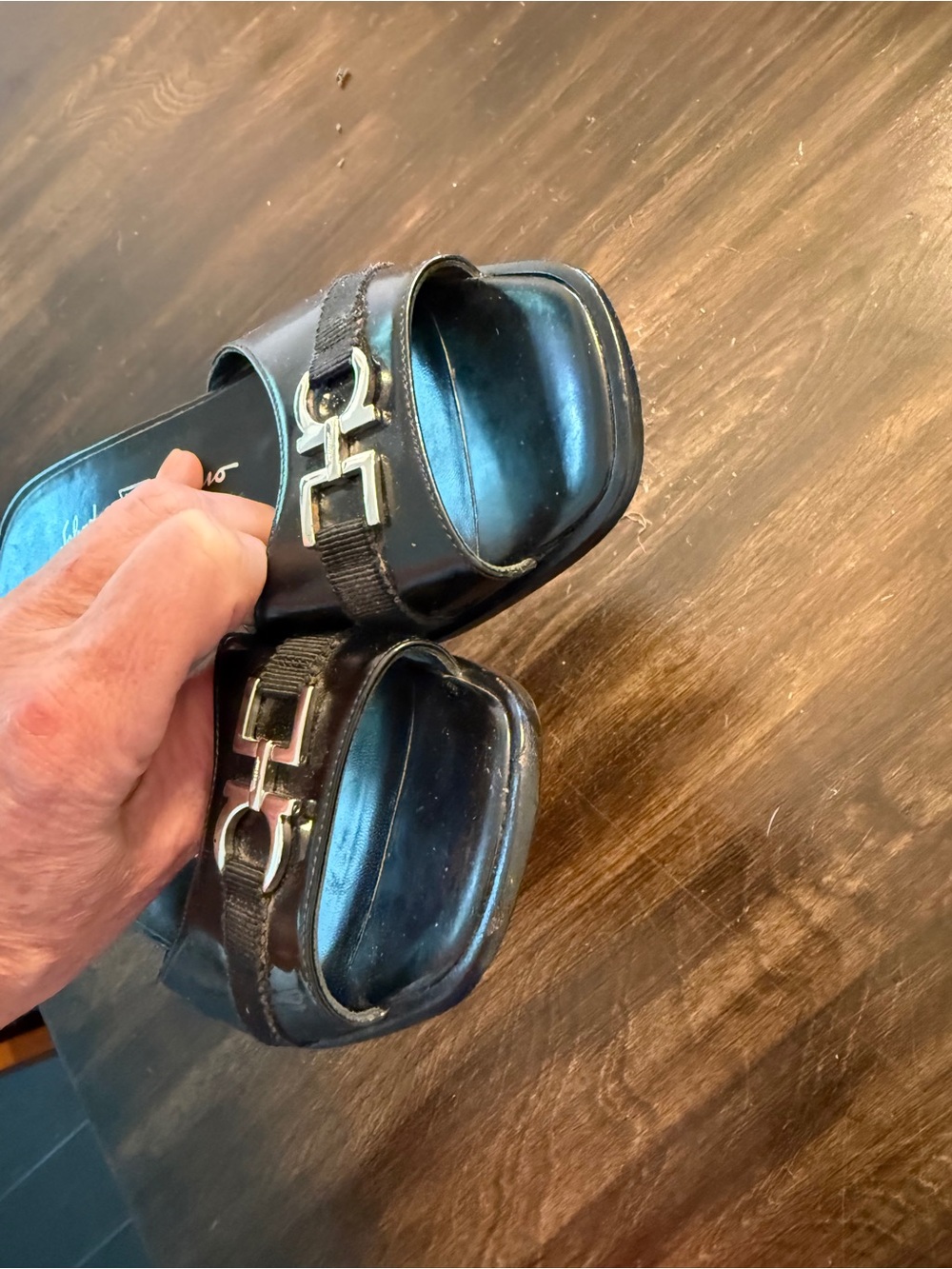 Salvatore Ferragamo Black Patent Leather Slide Mules with Silver Logo - Picture 2 of 4